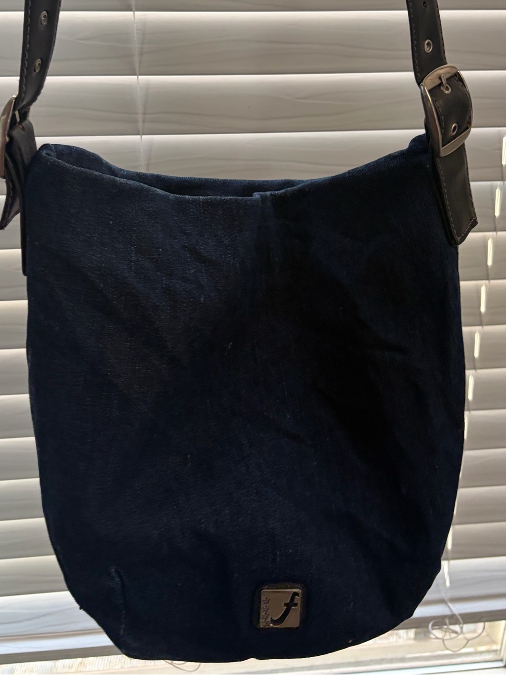 Vintage Y2K Faded Glory Navy Canvas Shoulder Bag with Black Leather Strap